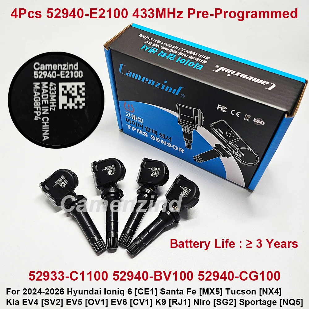 

4PCS 52940-E2100 52933-C1100 52940-BV100 433MHz TPMS Sensor For 2024-2026 Hyundai Ioniq 6 [CE1] Santa Fe [MX5] Tucson [NX4] Kia