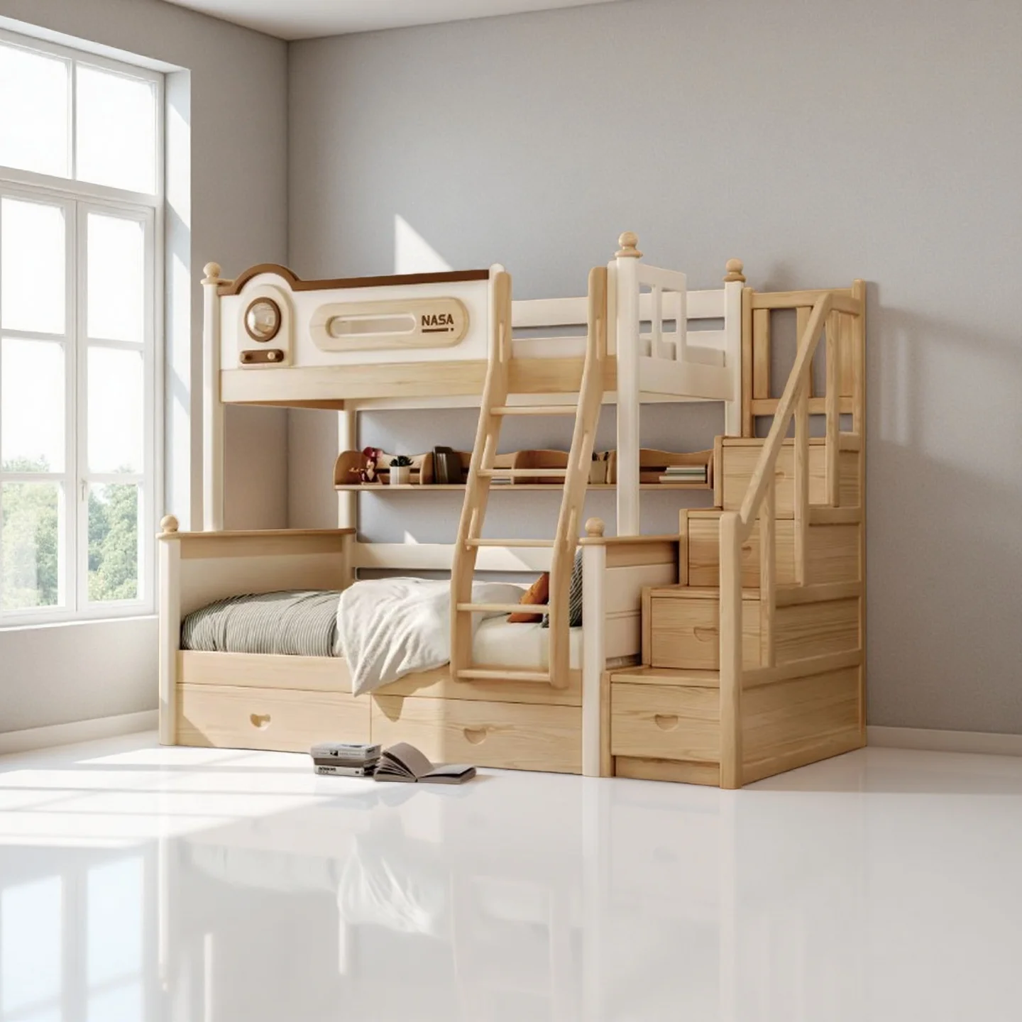 Solid Wood Bunk Bed for Kids, Multifunctional High and Low Bed for Small Apartment, Mother and Child Bed