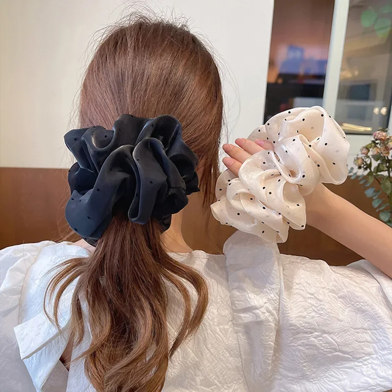 Fashion Oversized Dot Scrunchie for Women French Grace Summer Chiffon Ponytail Holder Elastic Hair Bands Headwear