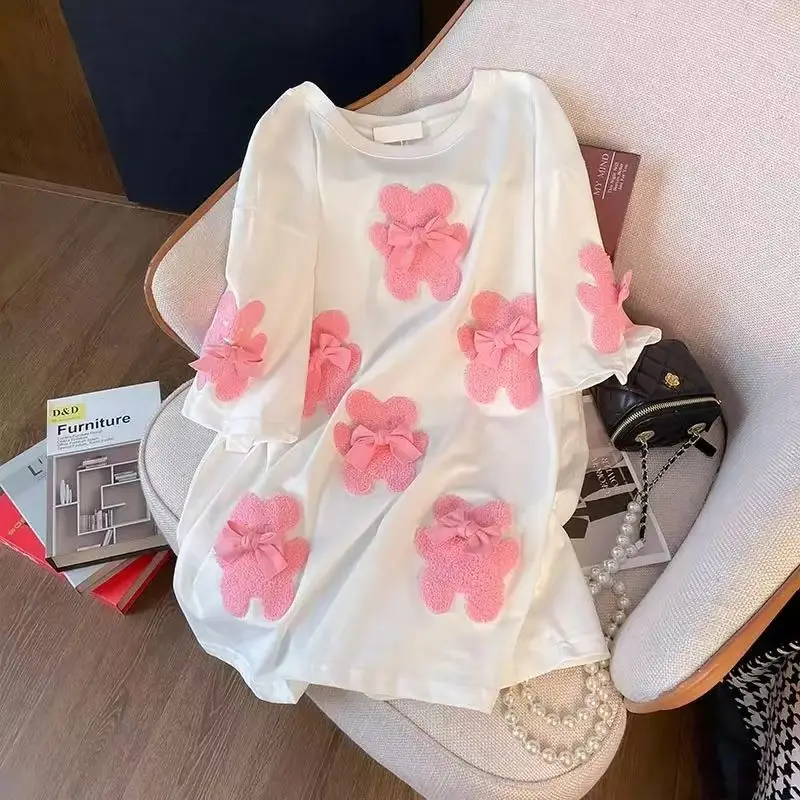 2025 Summer Embroidered Bear 3D Bow Short Sleeve T-Shirt Women Korean Cute Tee Kawaii Clothes Oversized Casual T Shirts Y2k Tops