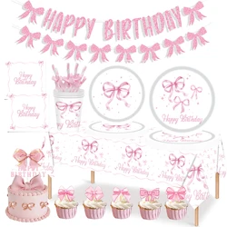Pink Bow Pattern Disposable Tableware White Paper Plates Cups Napkins Girls Birthday Party Wedding Baby Shower Decor Supplies