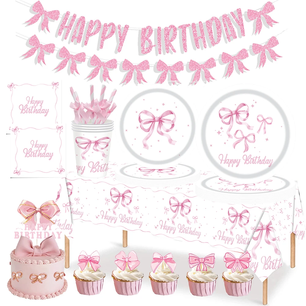 Różowa kokardka jednorazowa zastawa stołowa białe papierowe talerze kubki serwetki dziewczyny urodziny wesele Baby Shower Decor Supplies
