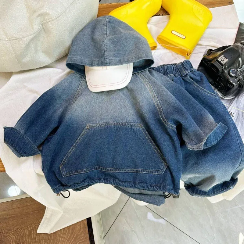 

Cool handsome children's denim suit Korean version hooded denim two-piece set children's leisure suit