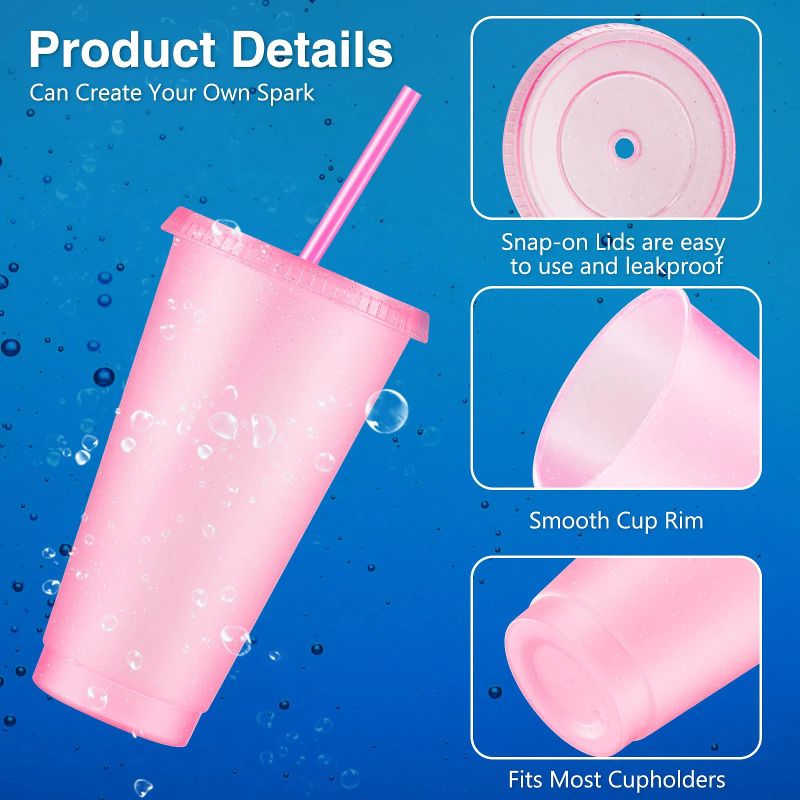 6 pcs Reusable Cups with Lids and Straws Plastic Glass Iced Coffee Travel Mugs Smoothie Juice Birthday Overnight Party Supplies