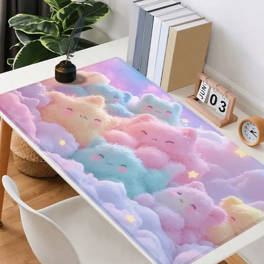Extra Large Cute Pink Cat Cloud Gaming Mouse Pad - Rubber Bottom, Edging, Soft & Comfortable, Featuring Playful Cat & Star Patterns, Perfect Gift For