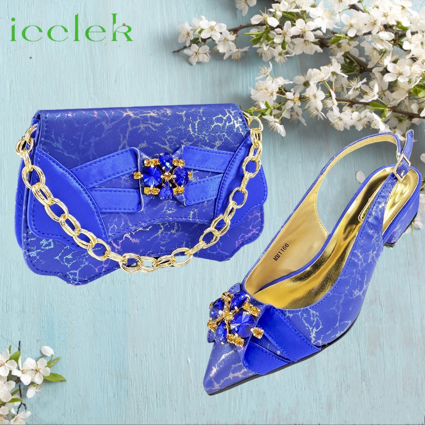 

Rolya Blue 2025 Elegant Nigerian Women's Low Heels and Rhinestone Handbag Set Italian Design for Weddings and Parties