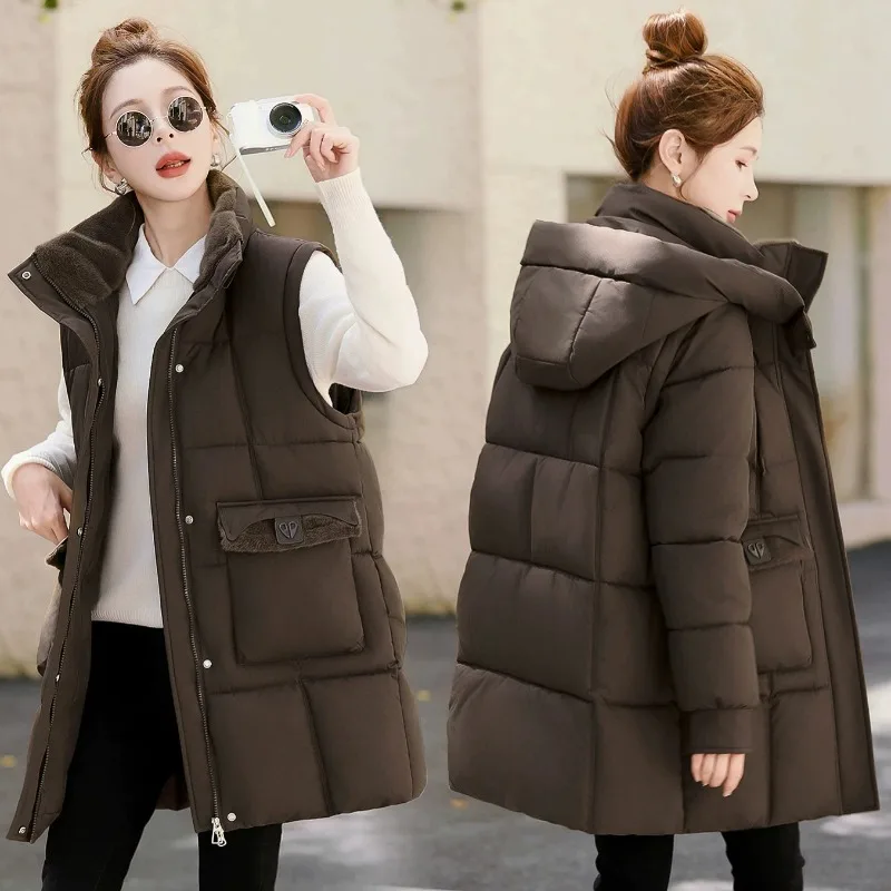 2026 Streetwear Detachable-sleeve Winter Parkas Women's Down Cotton-padded Jacket Long Coats Thicken Warm Loose Hooded Outerwear