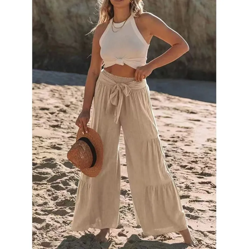 

Casual Loose Wide Leg Pants 2024 Solid Holiday Temperament Strap Splice High Waist Loose Fashion Beach Pants Trousers for Women