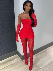 Weird Puss Sexy Lace Women 2Piece Set Tube Dress+See Through Stockings Coquette Hot Girls Club Nightout Party Matching Outfits