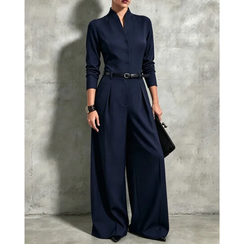 Temperament Women's Office Wide Leg Jumpsuit Fashion Solid Stand Button Half Open High Waist Jumpsuits With Belt Ladies Romper