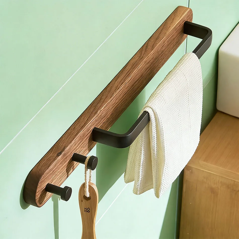 

Wood Bathroom Towel Holder with 2 Hooks Black White Aluminum Wall Mounted Bedroom Bathroom Towel Bar Rack Storage Hanger Shelf