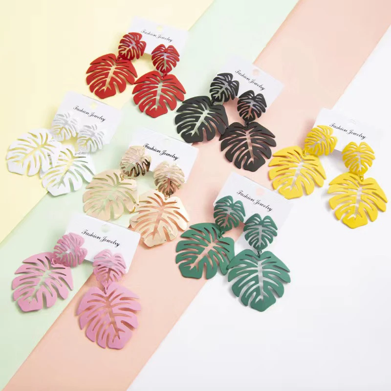 Colorful Cutout Leaf Drop Earrings For Women Vintage Jewelry Rubber Paint Craft Irregular Feather Shape Earrings