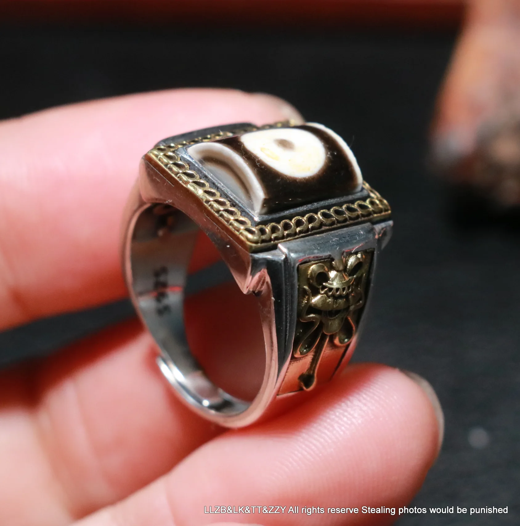 

royal Energy Power Tibetan Old Agate 1 Eye dZi Bead Silver Ring Amulet TIMESTOWN