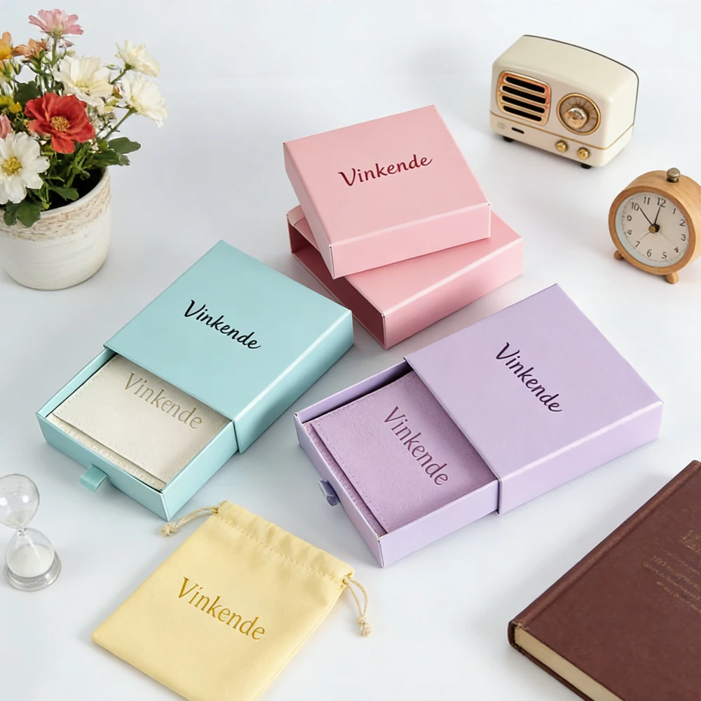 

50pcs Personalized Blue Paper Drawer Box with Microfiber Gift Bag Pouch Custom Logo Small Jewelry Christmas Wedding Packaging