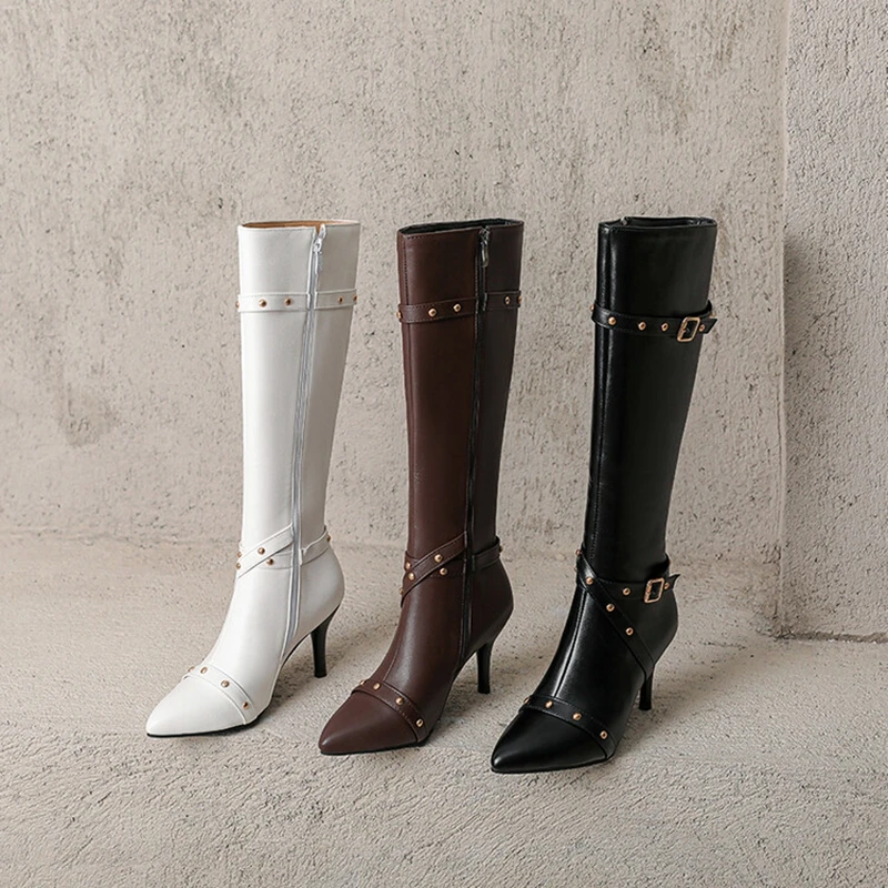 

SIMLOVEYO Women's Knee Boots Pointed Toe 8cm Stiletto Heels Faux Leather BucklesRivets Fashion Style Hot Sale Big Size 43