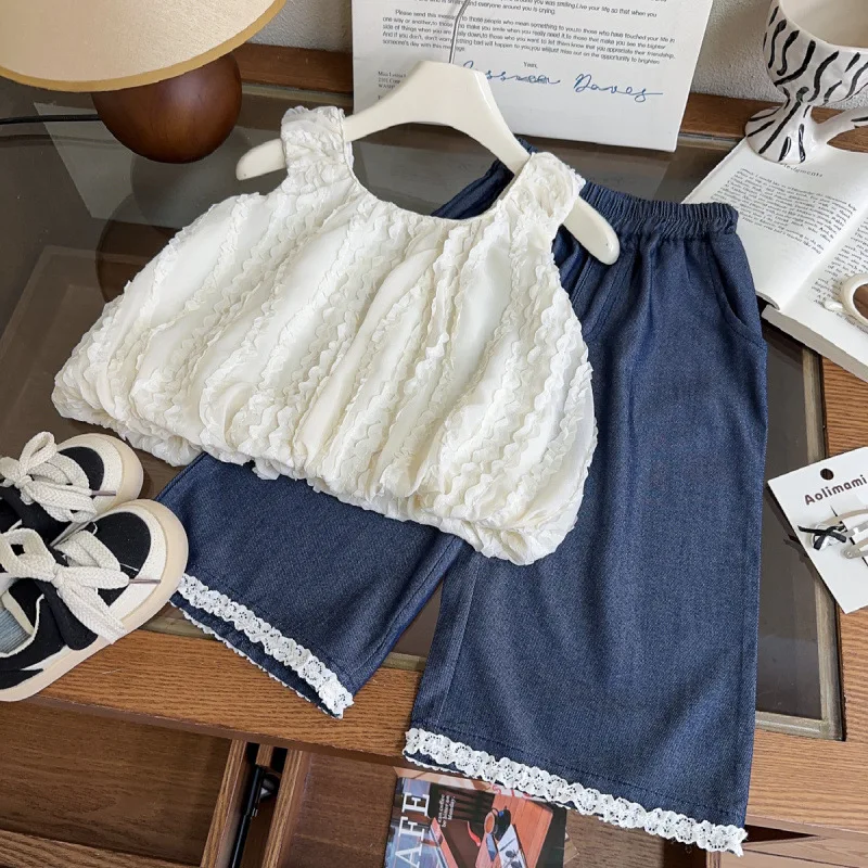 

Children's Set New Summer Girls' Cute Fashion Sleeveless Top+Wide-leg Jeans Two-piece Set