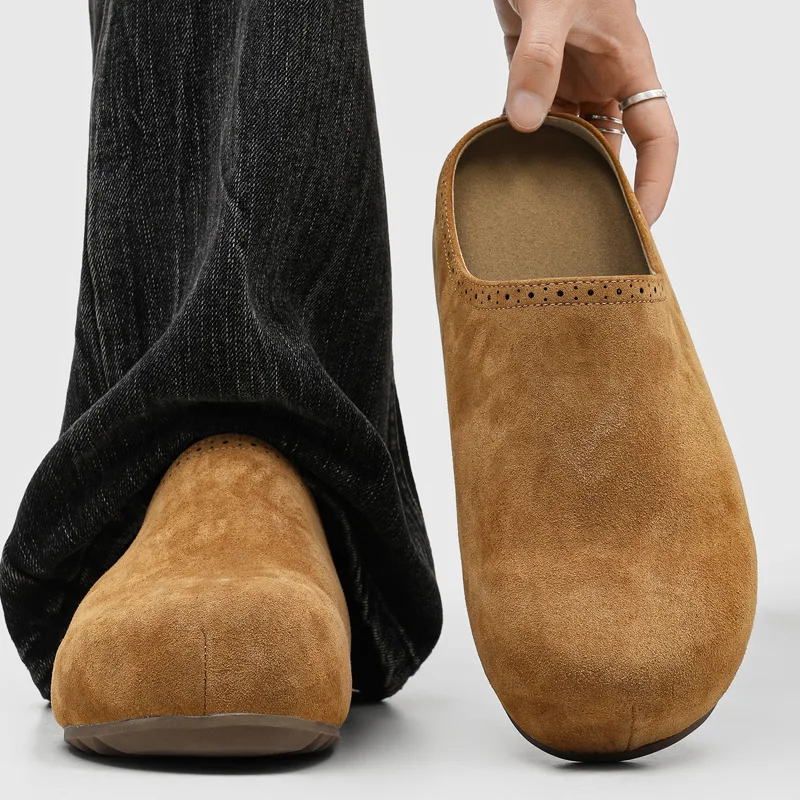 

Men Slippers Round Toe Suede Leather Clogs Shoes Retro Solid Color Thick Soled Women Mules Shoes Platforn Loafers Size 38-46