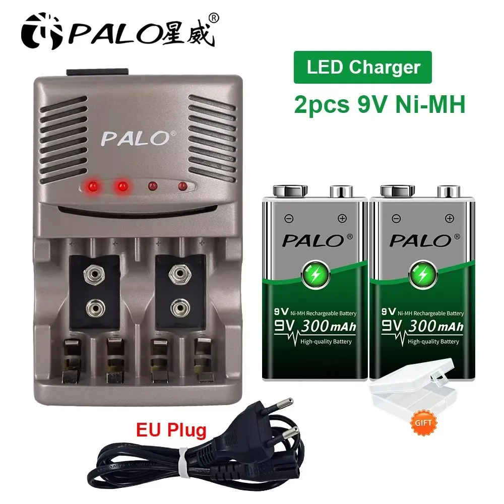 PALO 9v 6F22 300mAh Ni-MH NiMH 9 Volt Rechargeable Batteries + Charger For 6F22 9V NiCd NiMh Li-ion Rechargeable Batteries