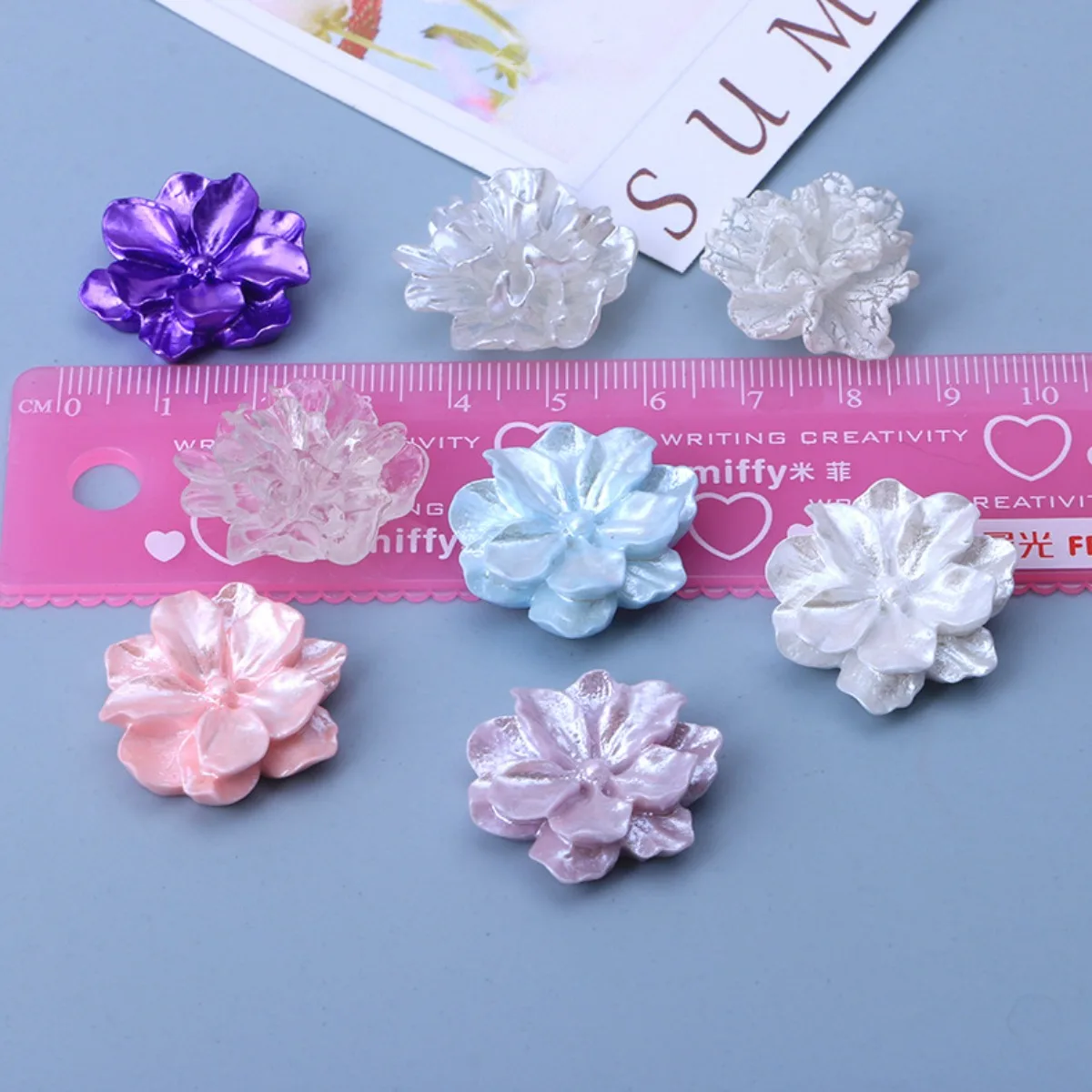 ZW21 10pcs Pearlescent Shiny Resin Camellia Flower Flatbacks DIY Craft Embellishment Rose Cabochon Scrapbook Cardmaking