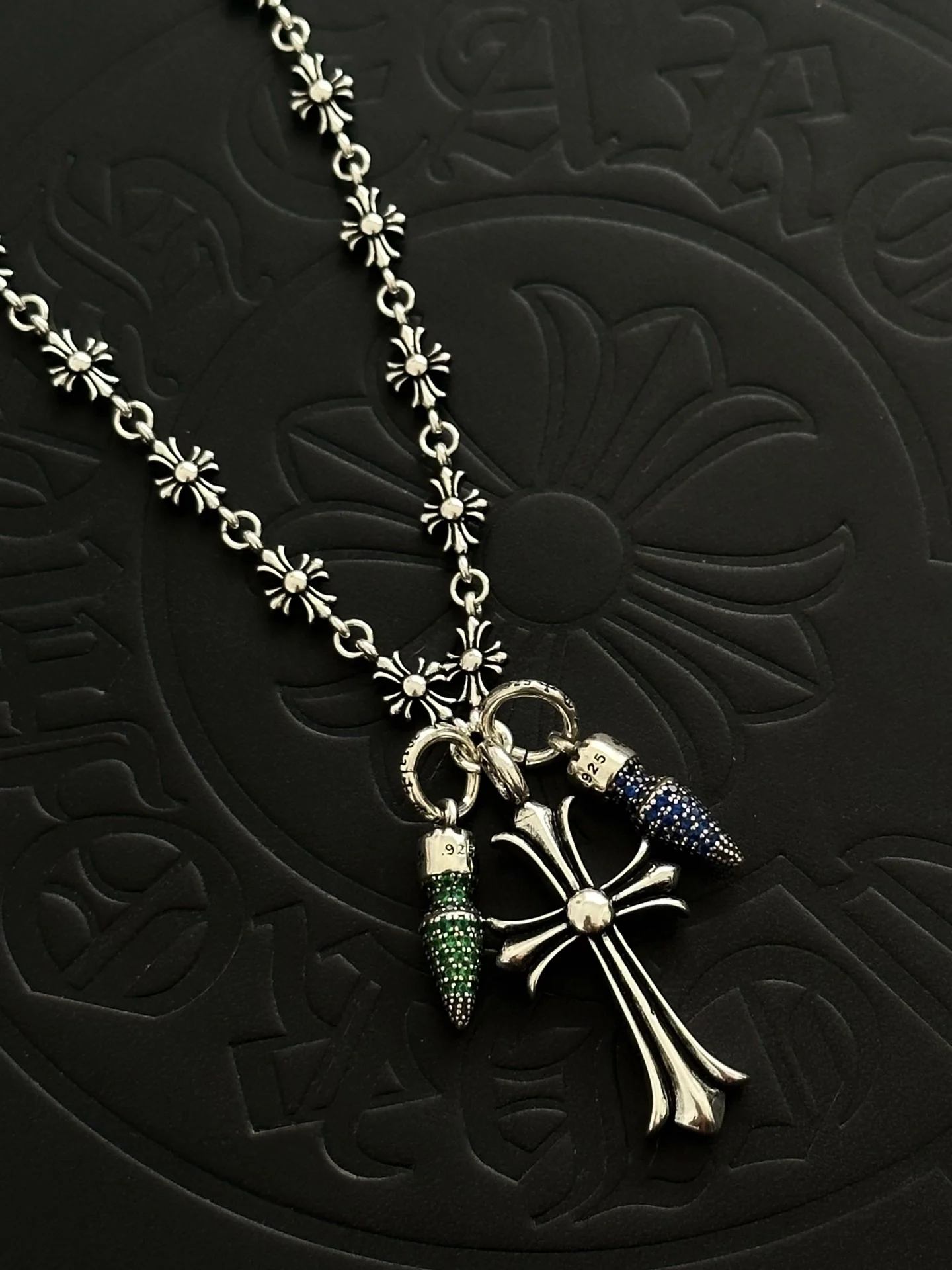 S925 Sterling Silver Charm Light Luxury Double Nail Pendant CH Retro Old Cross Couple Pendant Necklace