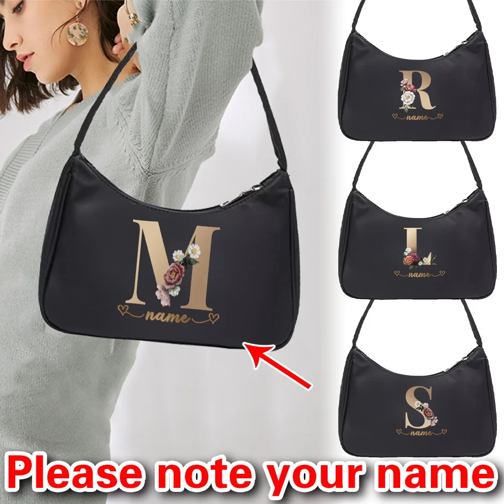 

Personalized Customized Handbag Armpit Bag Mobile Wallet Large Capacity Black Nylon Work Commuting Bag Rose Gold Letter Series