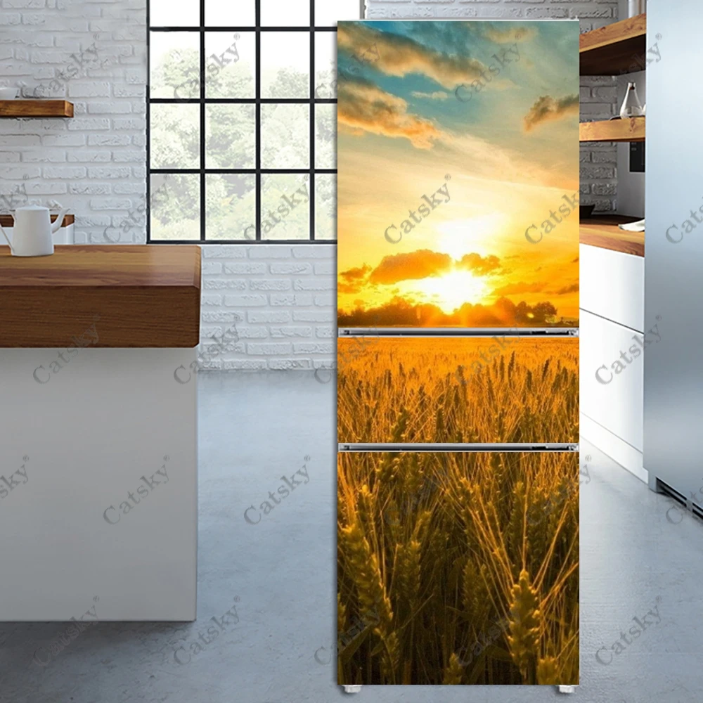 Golden Wheat Field Printing Family Fridge Door Cover Wall Sticker Self-adhesive Refrigerator Stickers Wallpaper Home Decoration