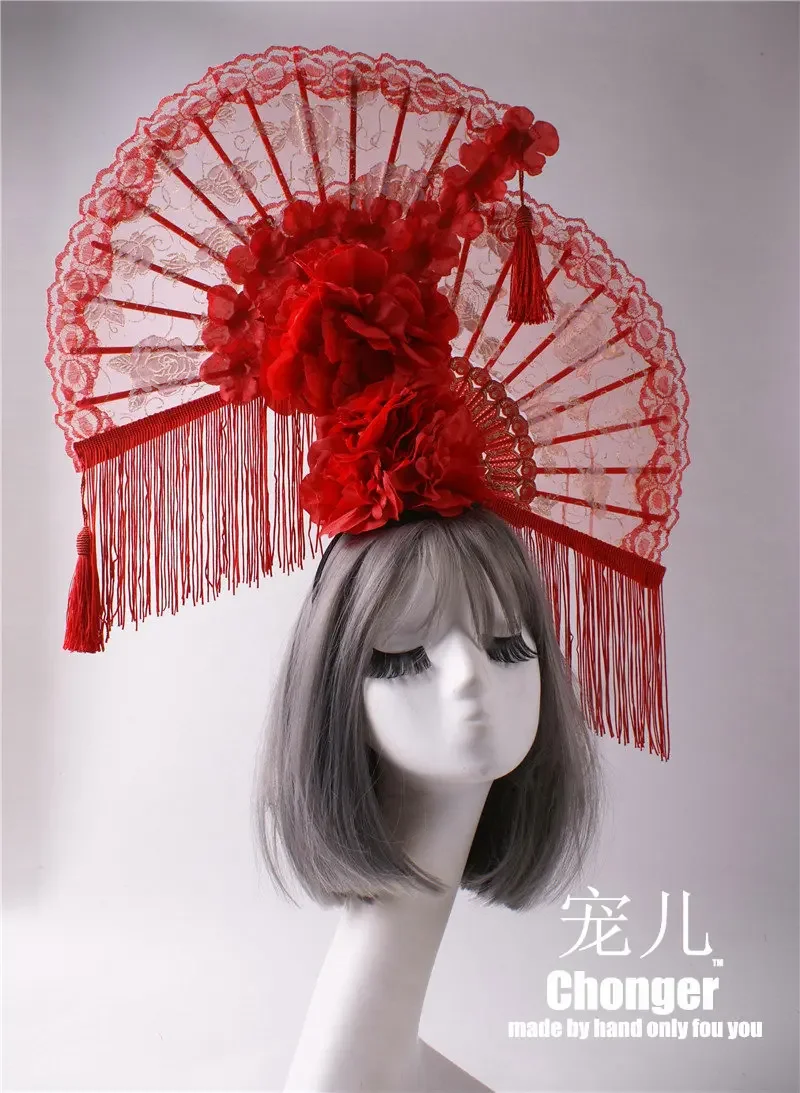 Headdress Transparent Mesh Flower Embroidery Tassel Accessories Red Adult Fan Shape Suitable Stage Cheongsam Show Creative Props