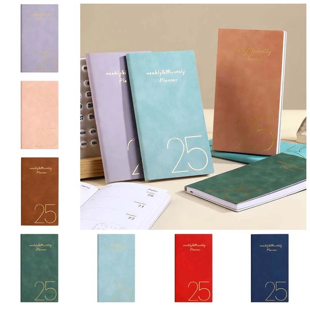 Solid Color 2025 Planner Notebook 365 Days Time Organizer A6 Planner Notepad PU Textured Efficiency 2025 English Agenda Book