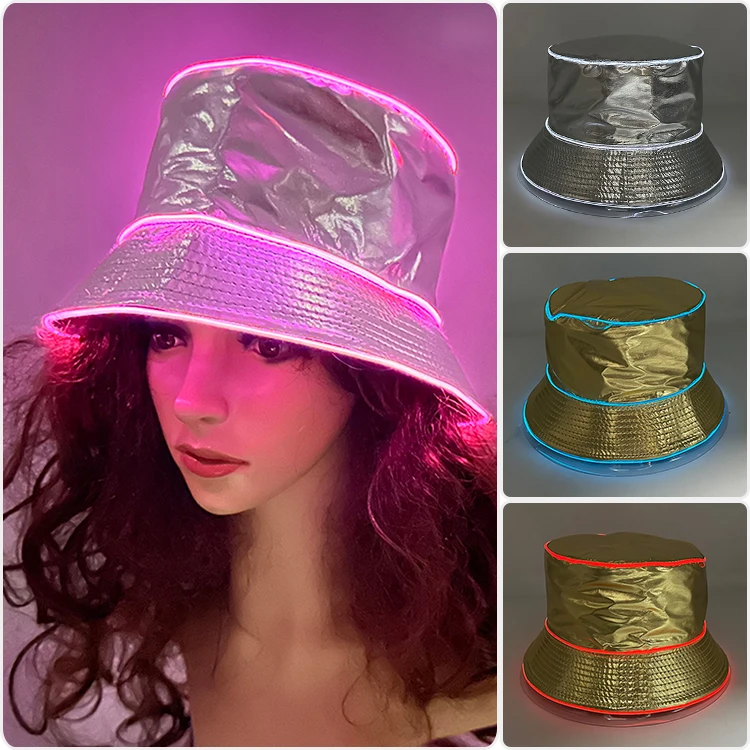 Wireless LED Neon Light up Bucket Hat Fashion Unisex Silver Patent Leather Cap Men Panama Hats Outdoor Sunscreen Fisherman Caps