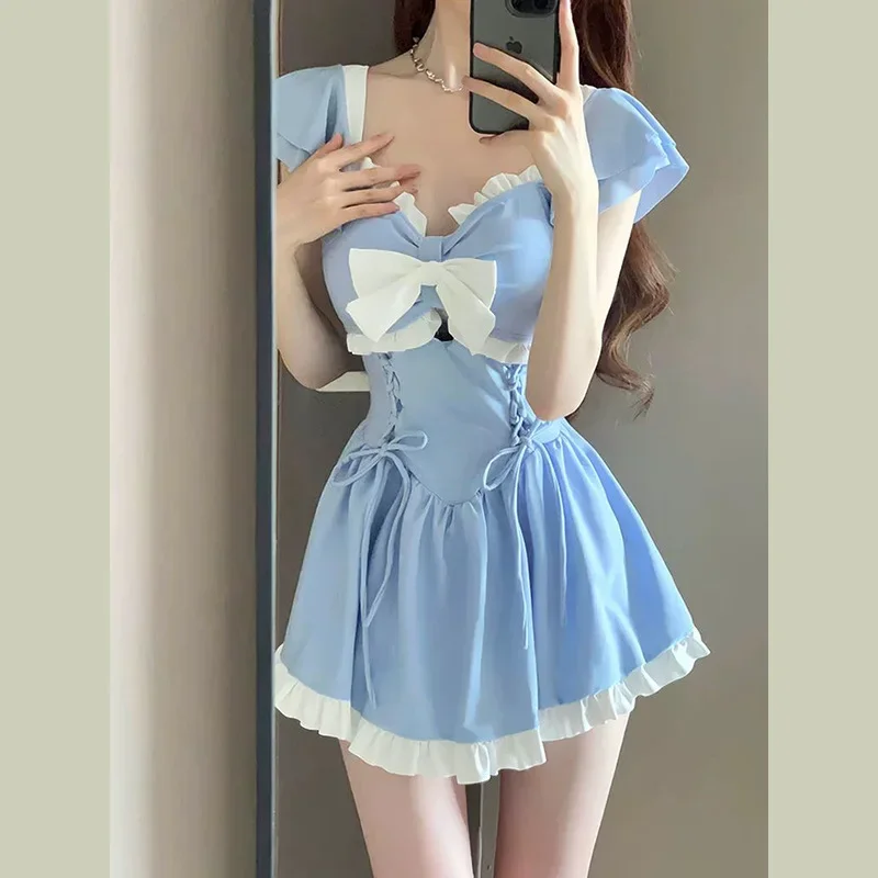 Ins Style Sweet Cute Green Swimsuit women summer Conservative Swimwear One Piece Suits Vacation Beachwear Princess Skirts