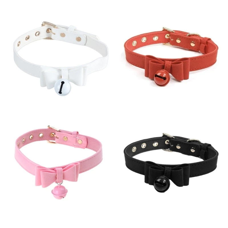 Leathers Collar Necklace for Women with Bows Bells Cosplay Choker Collar Necklace