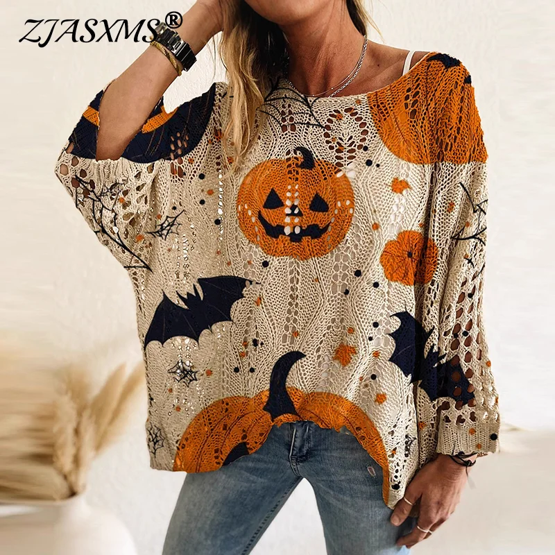 

Полые блузки с принтом тыквы и летучей мыши на Хэллоуин для женщин, элегантный вязаный топ с разрезом на шее, пуловеры, осенняя свободная рубашка с длинными рукавами, джемпер