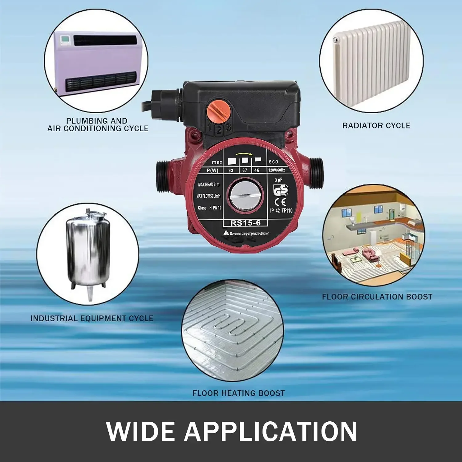 93W 110V Water Circulator Circulating Pump NPT 3/4" w/Brass Fittings, 3-speed Control Recirculation 9.5 Gpm RS15-6