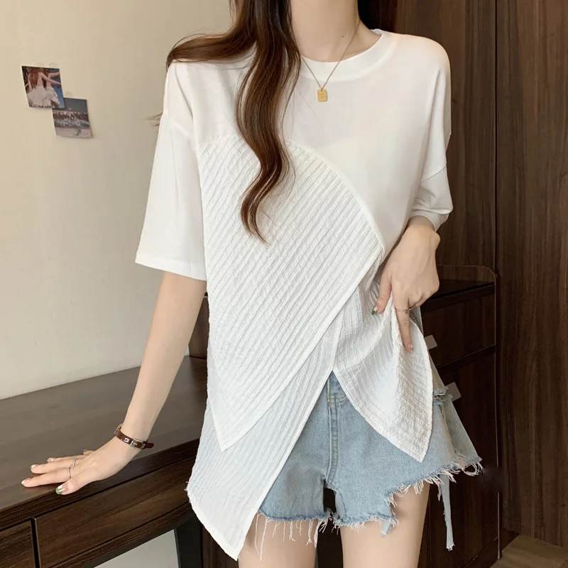 Women\'s Clothing Fashion Irregular T-shirt Asymmetrical Spliced Summer Korean Short Sleeve Solid Color Casual O-Neck Pullovers