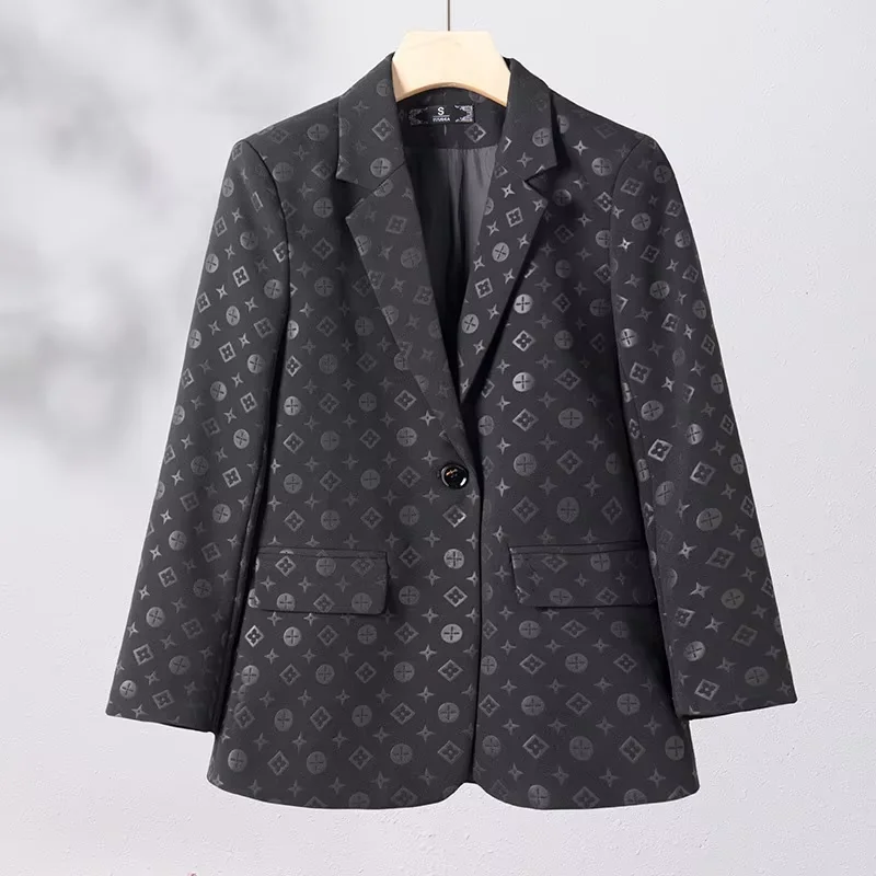 Elegant Women's Character Print Blazer Single Button Business Jacket Office Lady Coat Top for Spring Autumn S - Xl