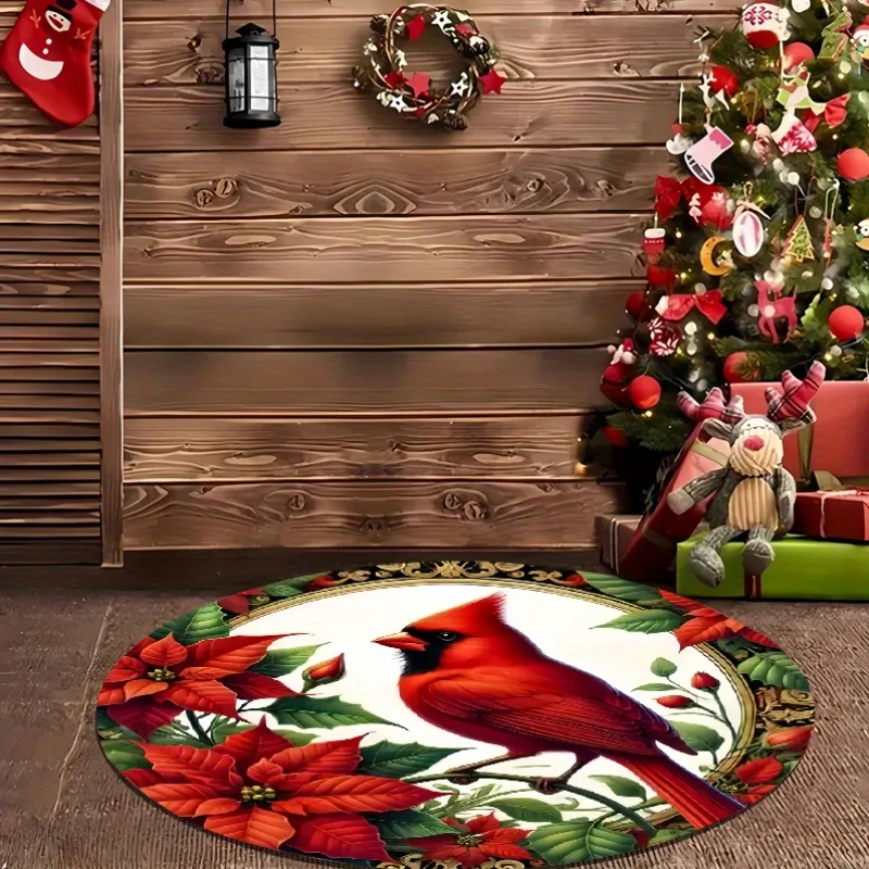 1pc 2D Flat Red Cardinal Round Rug, Indoor & Outdoor Mat for Kitchen Home Office Laundry Room, Festive Home Decor