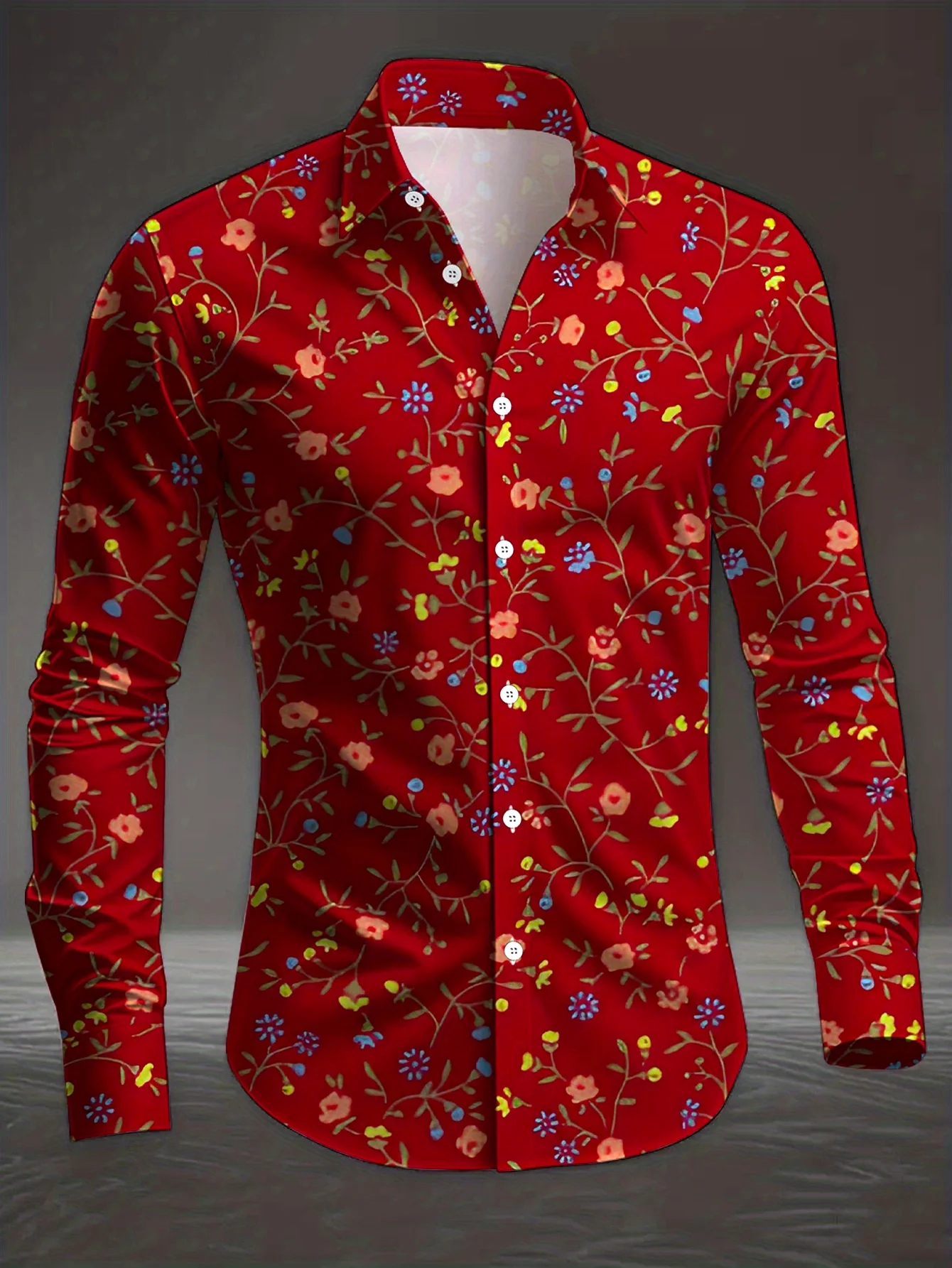 Autumn Men Lapel Collar Shirt Retro Delicate Small Flower Vine Graphic Polyester Long‑Sleeve Top