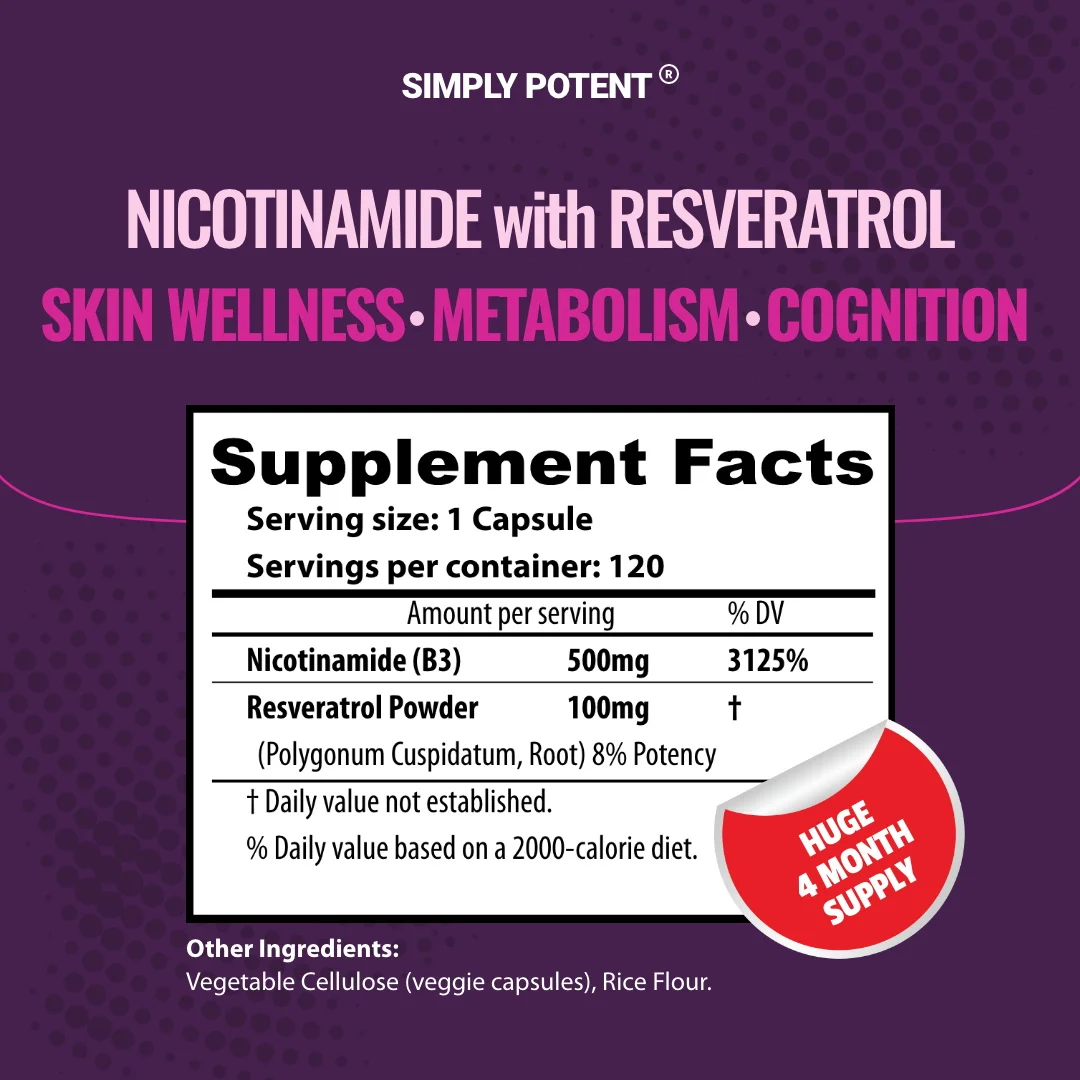 Niacinamide 500 Mg, Resveratrol 100 Mg - 120 Veggie Capsules - Vitamin B3 Supplement To Support NAD, Skin Cell Health and Energy