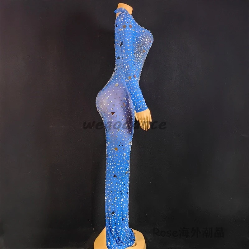 New Royal Blue Sequin Dress Catwalk Show Model Evening Gown Birthday Party Long Mirror Dresses For Women