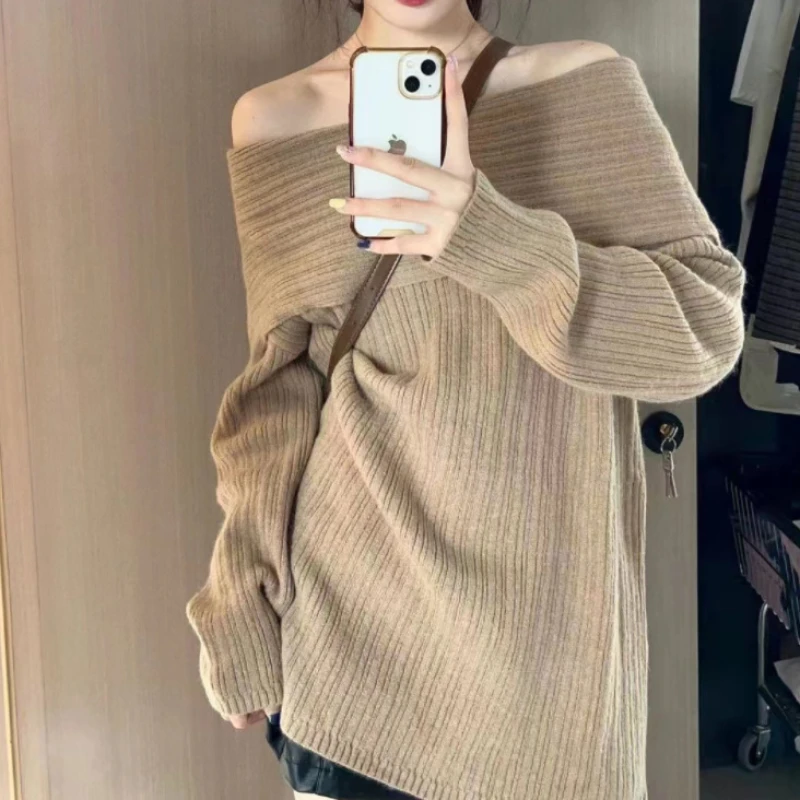 One Shoulder Sweater for Women's Autumn and Winter New Style Lazy and Stylish with a Bottom Layer and Exposed Shoulder Knit