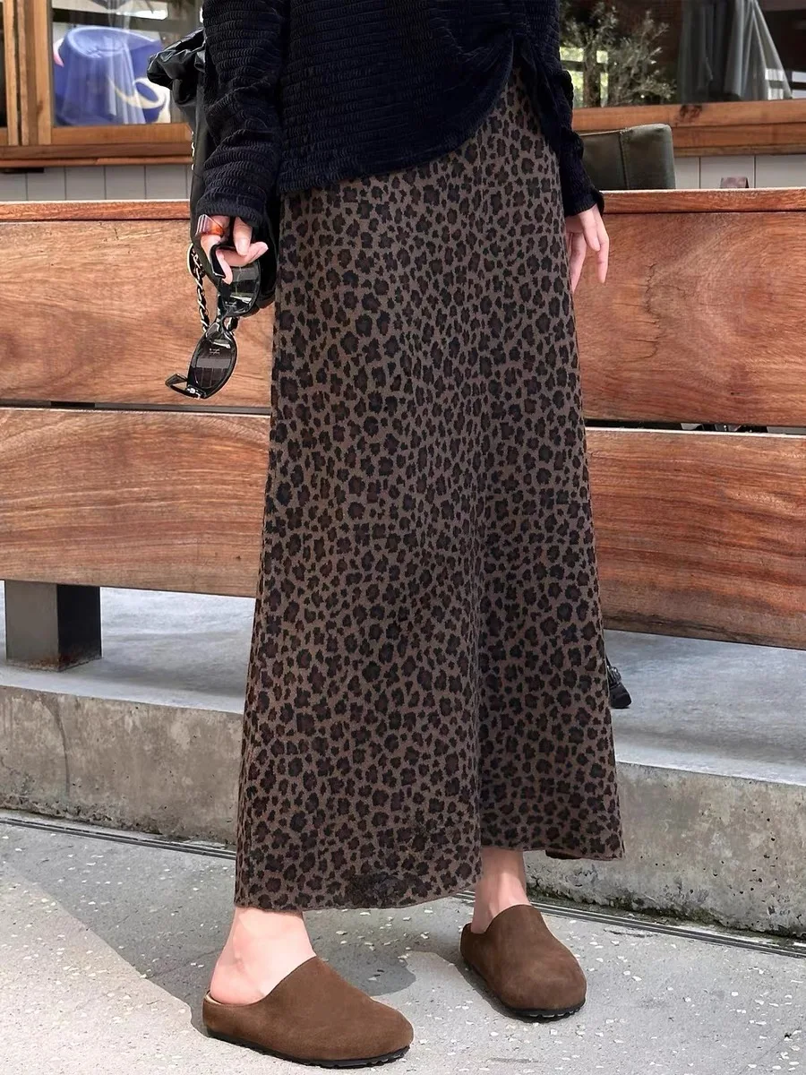 

High Waist Leopard Print Knitted Skirt Women's Vintage Sle Versatile Midi Skirt Casual Wear Daily Life Loose Fit Elastic Waist