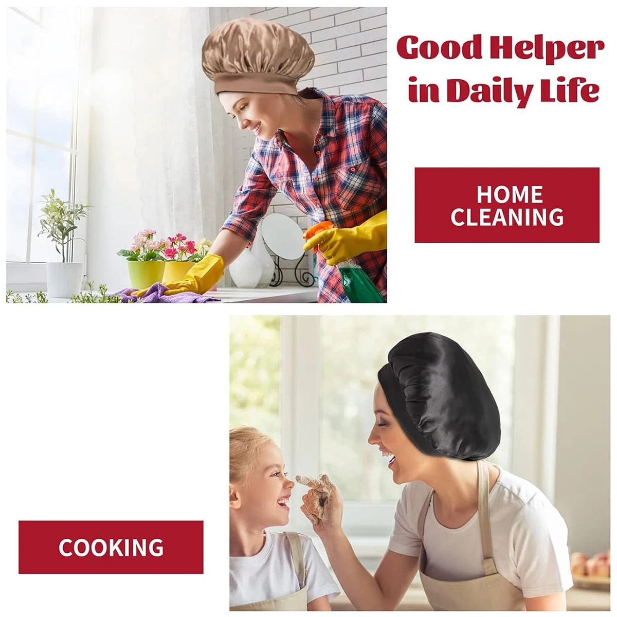 3개입 새틴 와이드 브림 나이트캡, 신축성 있는 부드러운 밴드가 있는 나이트캡, 데일리 홈 캐주얼 나이트캡, 실제 모발 가발 전용