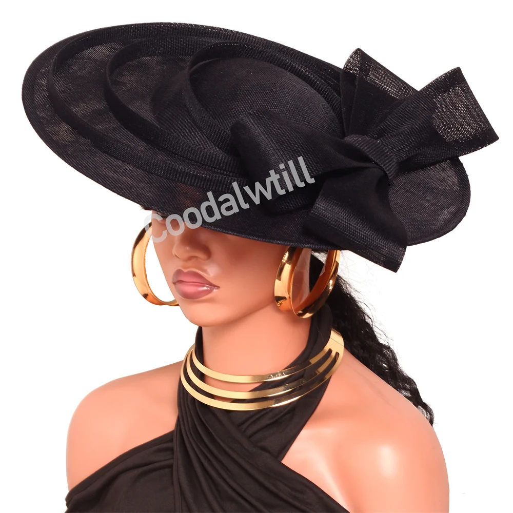

Черный свадебный большой головной убор, женская вечерние ужин, шляпа-чародей, повязка на голову, женская церковная шапка королевского аскота с декором в виде банта