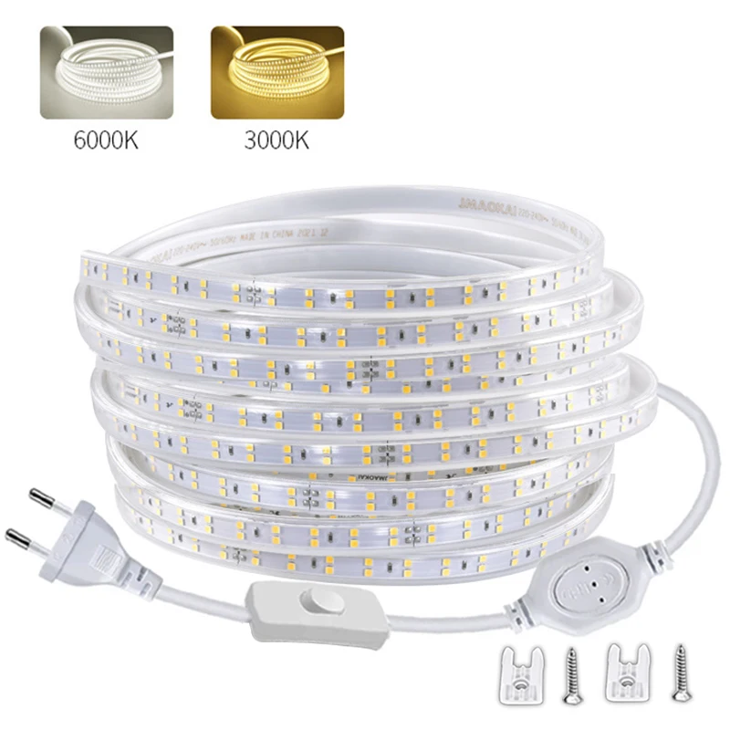 220V LED Strip ON-OFF Switch with EU Plug Waterproof Flexible Ribbon Tape Warm White for Home Room Decor Outdoor Garden Lighting