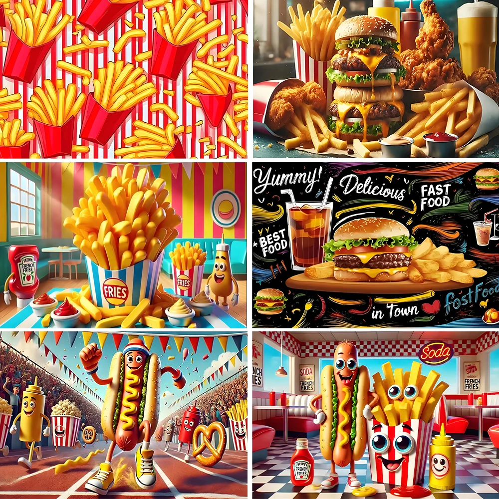 

Cartoon Fries And Hamburger Theme Background Banner Birthday Party Decoration Baby Shower Supplies Photography Backdrop Kid Gift