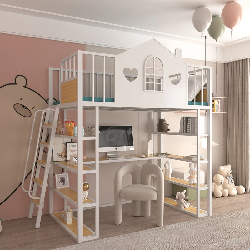 Drap de lit surélevé en fer forgé peu encombrant pour petit appartement, lit superposé supérieur, table inférieure, chambre à coucher, multifonction, vide pour enfants