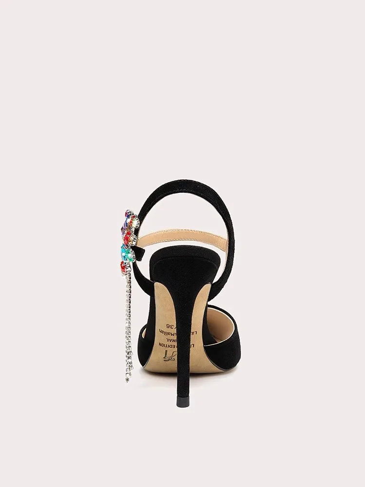 Thin high-heeled sandals summer new pointed suede color rhinestone tassel single shoes banquet large size small size women shoes view 2