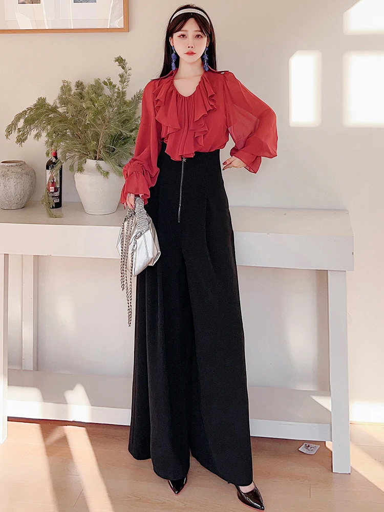 

Ele Women's Faion Set Lightweight Slim Fit Top High Waist Draped Wide Leg Pants Spring Summer Two-Piece Ensemble