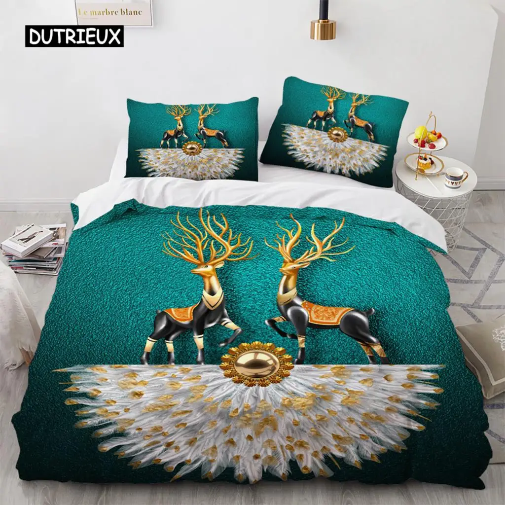 Cartoon Elk Duvet Cover King Queen Size Golden Deer Pattern Bedding Set for Teens Adults Wild Buck Quilt Cover with Pillowcase