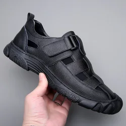 Outdoor Walking Casual Sandals for Man Breathable Real Leather Summer Classics Men Sandal Leisure Flats Retro Beach Hollow Shoes